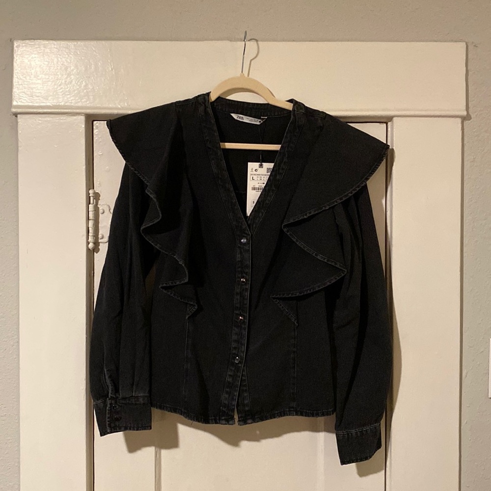 Brand NWT Zara Black Denim Button Down with Ruffles